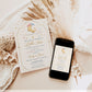 Moon and stars gender reveal invitation with a sleeping moon, clouds, and hanging stars in pink, blue, and gold