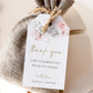 Blush pink floral wedding thank you gift tag template with watercolor roses, sage greenery, and gold script typography, editable in Canva