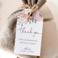 Dusty rose floral wedding thank you gift tag template with watercolor anemones and roses in peach and mauve with sage greenery, editable in Canva