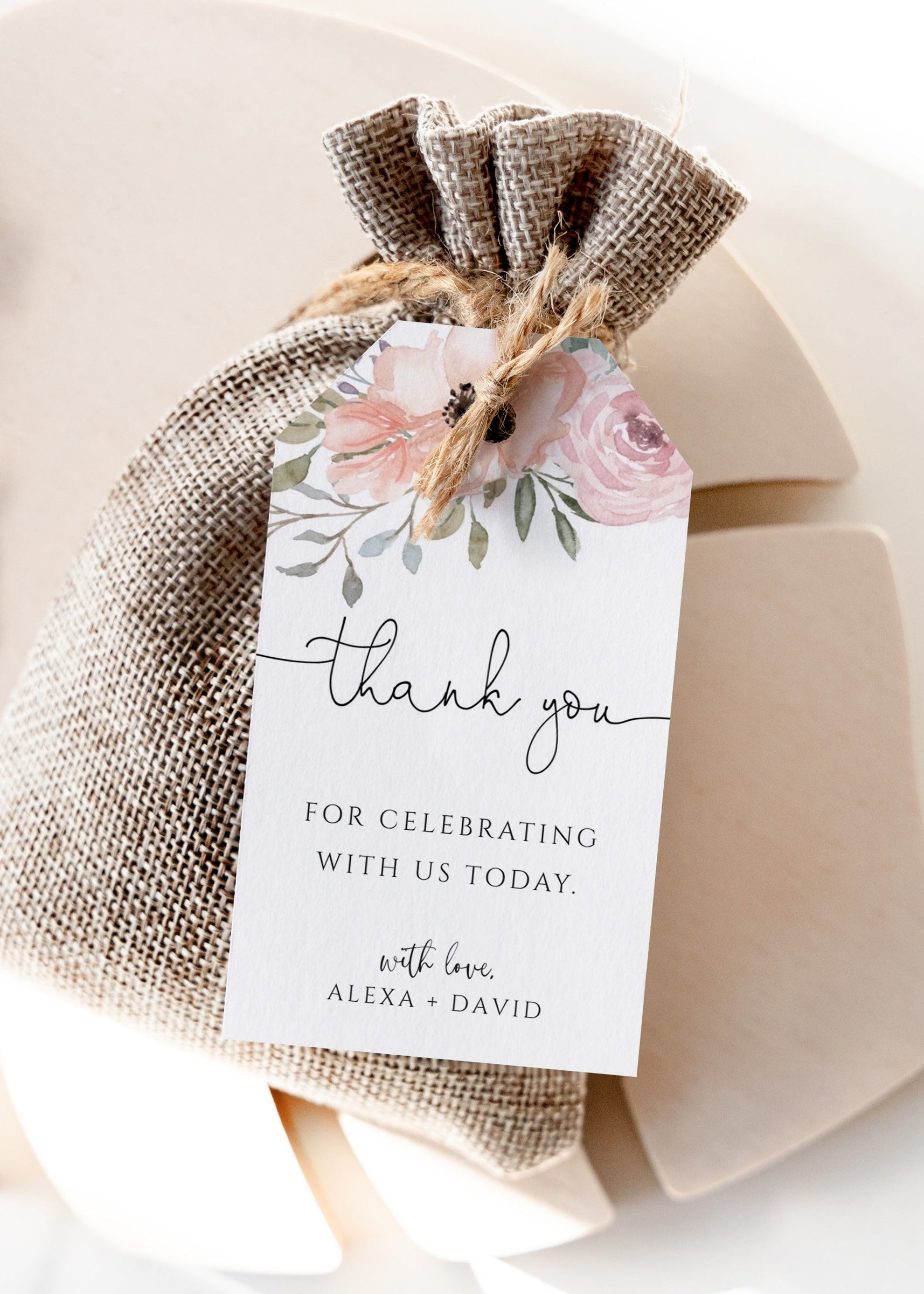 Dusty rose floral wedding thank you gift tag template with watercolor anemones and roses in peach and mauve with sage greenery, editable in Canva