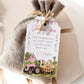 Barnyard birthday thank-you favor tag featuring a pink tractor, pink barn, cow, pig, pony, chick, puppy, kitten and pastel bunting.
