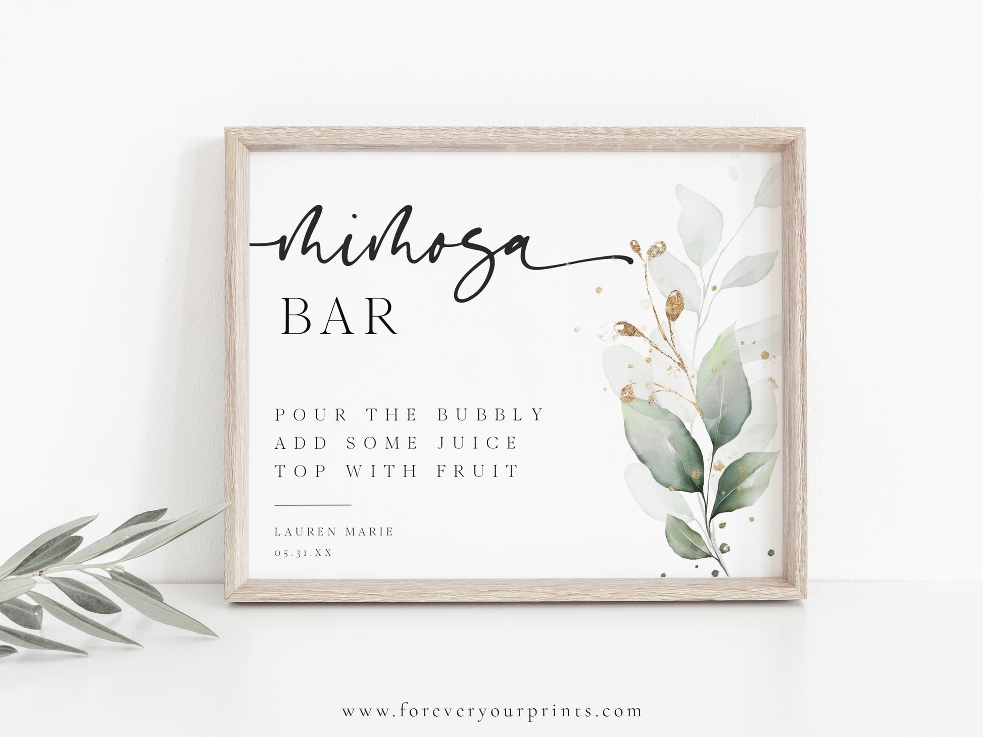 Eucalyptus and gold mimosa bar sign template with watercolor botanical branch and calligraphy script, editable in Canva