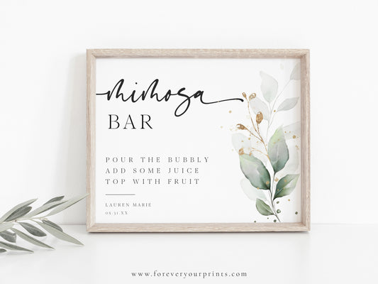 Eucalyptus and gold mimosa bar sign template with watercolor botanical branch and calligraphy script, editable in Canva