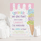 Pastel ice cream sprinkle first birthday party invitation template with watercolor ice cream cone and colorful sprinkles, editable in Canva