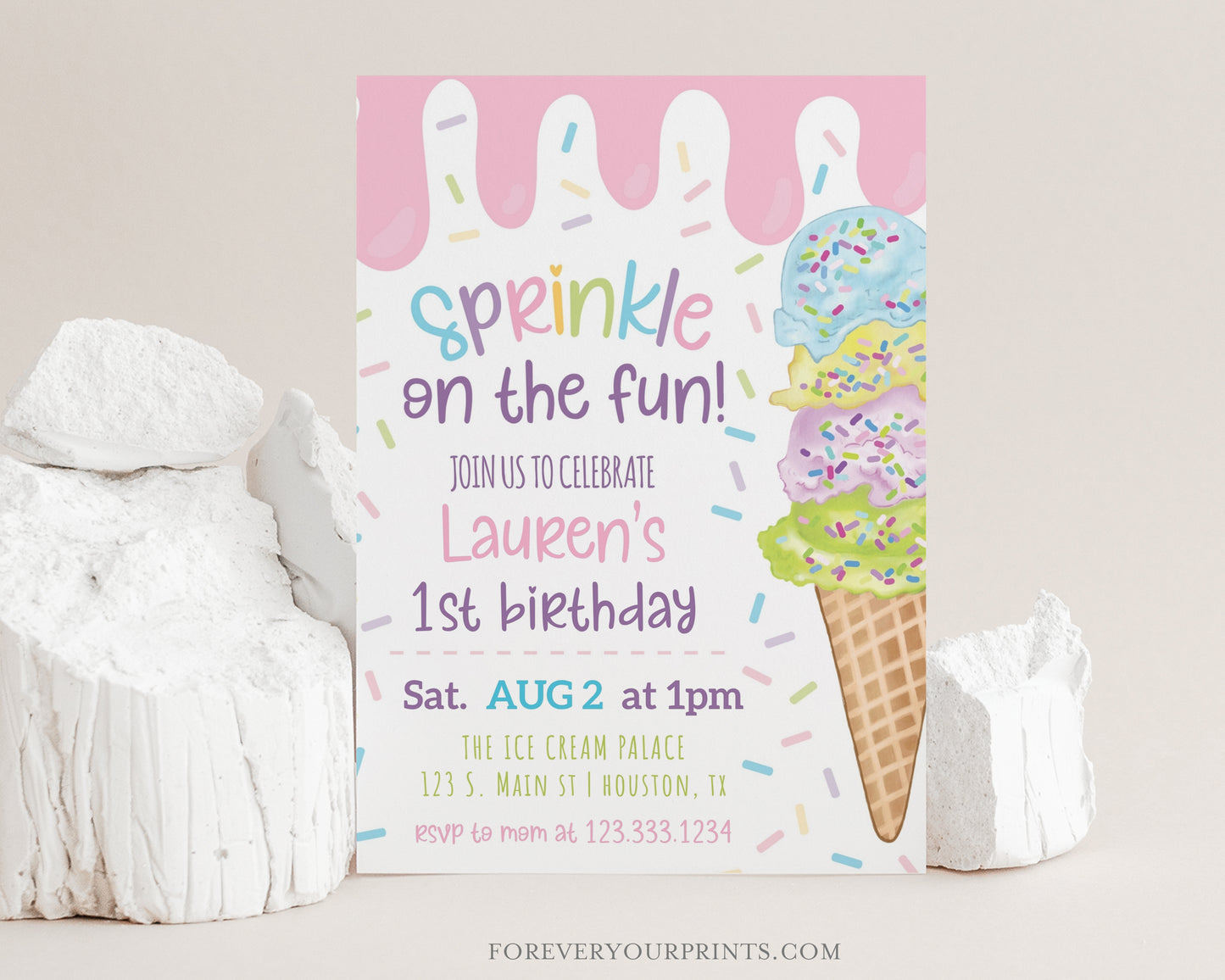 Pastel ice cream sprinkle first birthday party invitation template with watercolor ice cream cone and colorful sprinkles, editable in Canva
