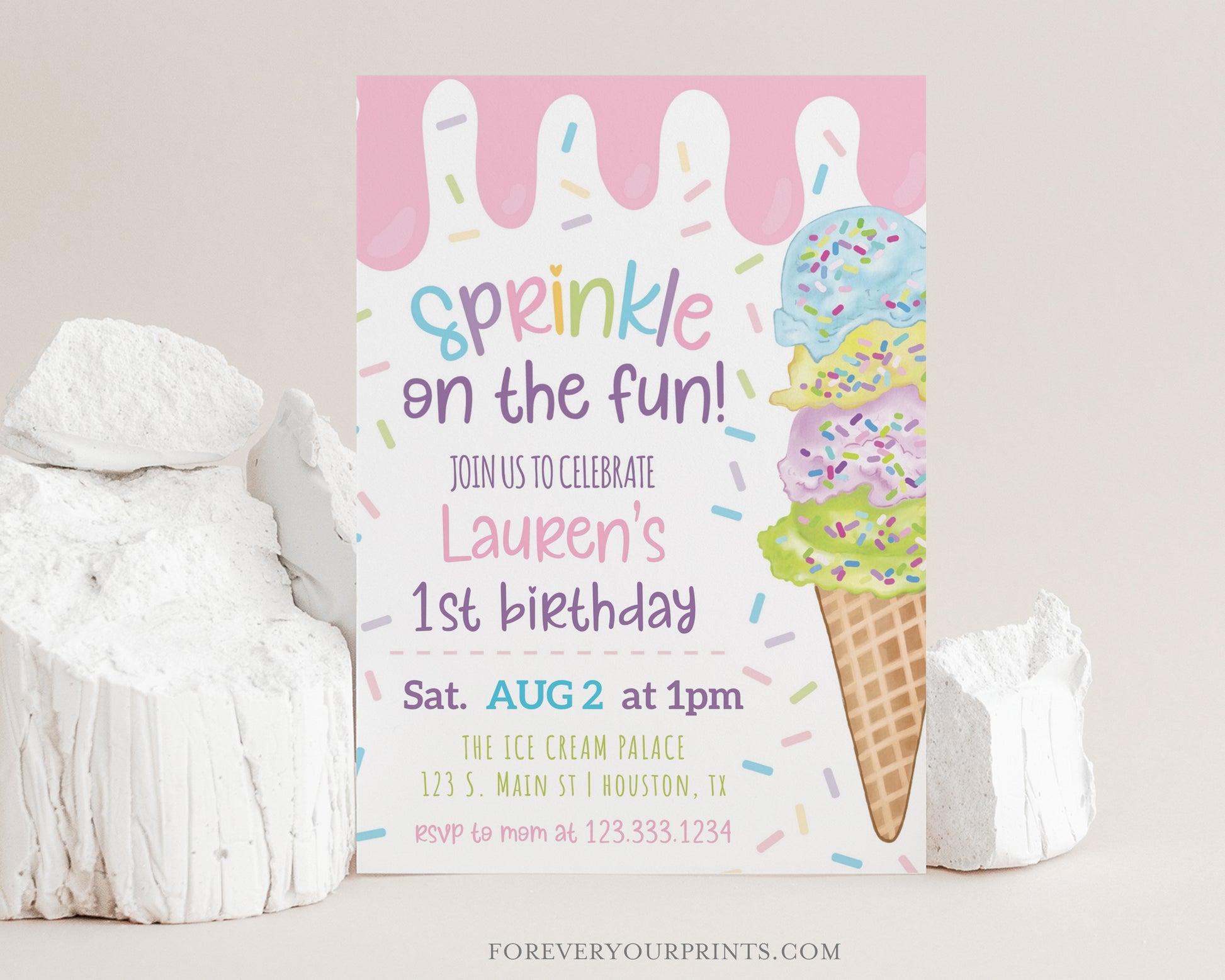 Pastel ice cream sprinkle first birthday party invitation template with watercolor ice cream cone and colorful sprinkles, editable in Canva