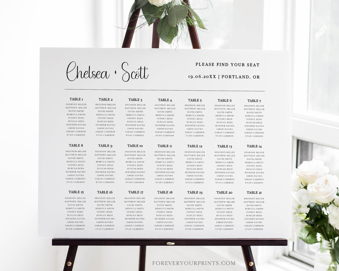 Minimal wedding seating chart displaying guest names organized by table