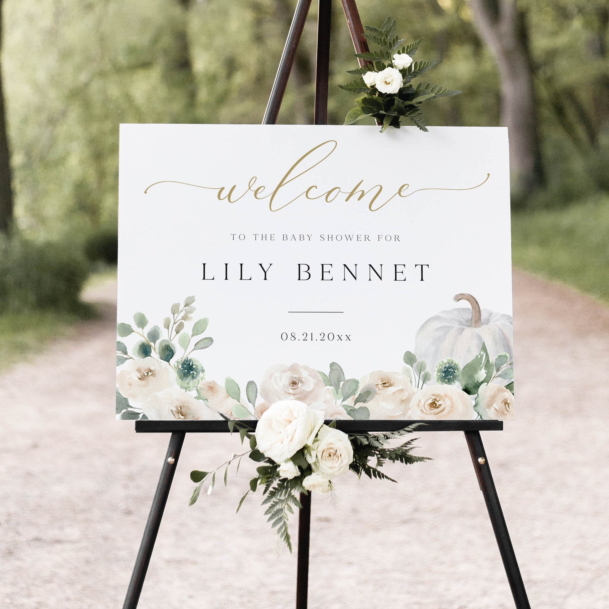White pumpkin floral baby shower welcome sign template with watercolor roses, sage greenery, and gold calligraphy script, editable in Canva
