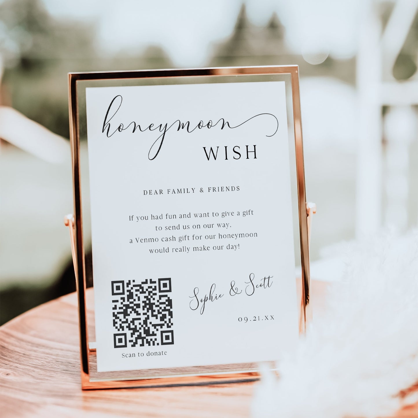 Minimalist black and white honeymoon wish sign template with calligraphy script and QR code placeholder for Venmo, editable in Canva