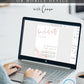Latte toned bachelorette weekend invitation and itinerary set template with dusty rose calligraphy script and watercolor wash, editable in Canva