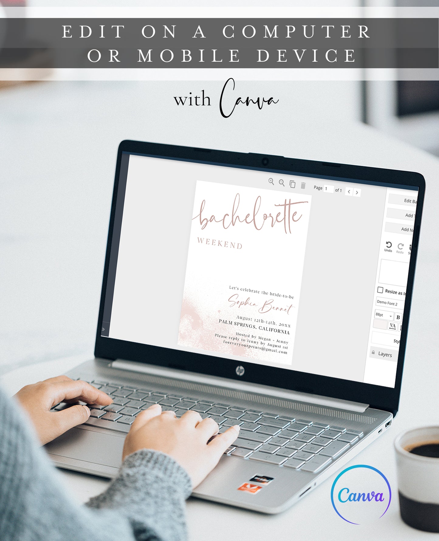 Latte toned bachelorette weekend invitation and itinerary set template with dusty rose calligraphy script and watercolor wash, editable in Canva
