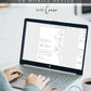 Minimalist pencil sketch floral baby brunch invitation template with hand-drawn botanical rose stem in graphite on white background, editable in Canva