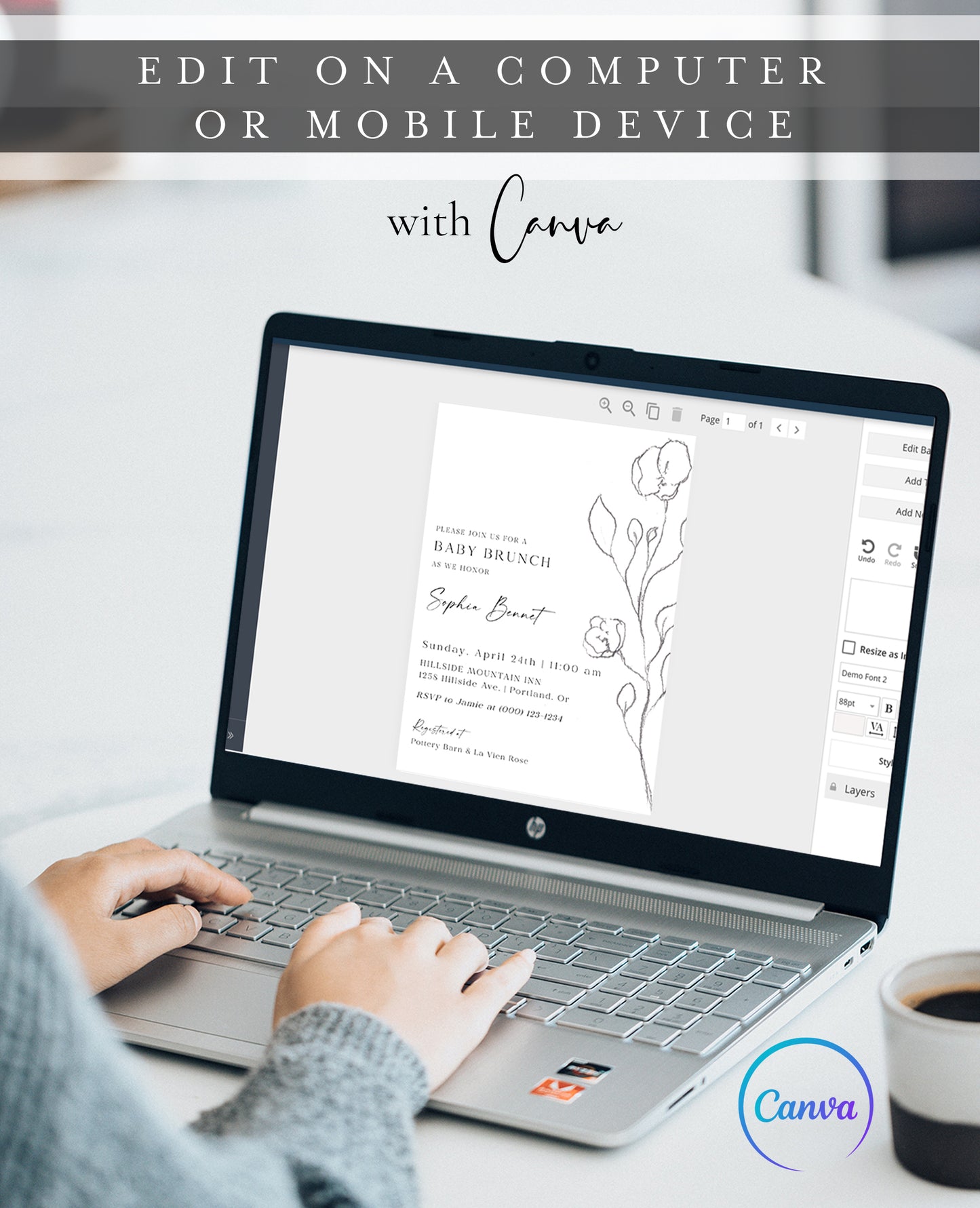 Minimalist pencil sketch floral baby brunch invitation template with hand-drawn botanical rose stem in graphite on white background, editable in Canva