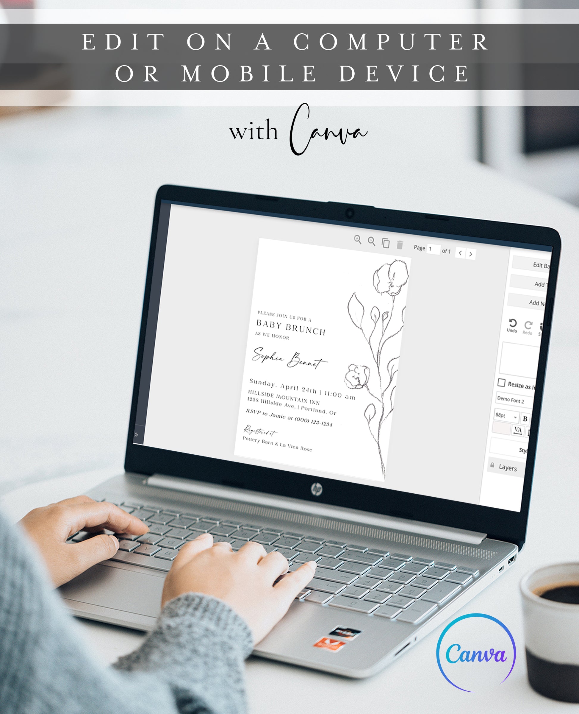 Minimalist pencil sketch floral baby brunch invitation template with hand-drawn botanical rose stem in graphite on white background, editable in Canva