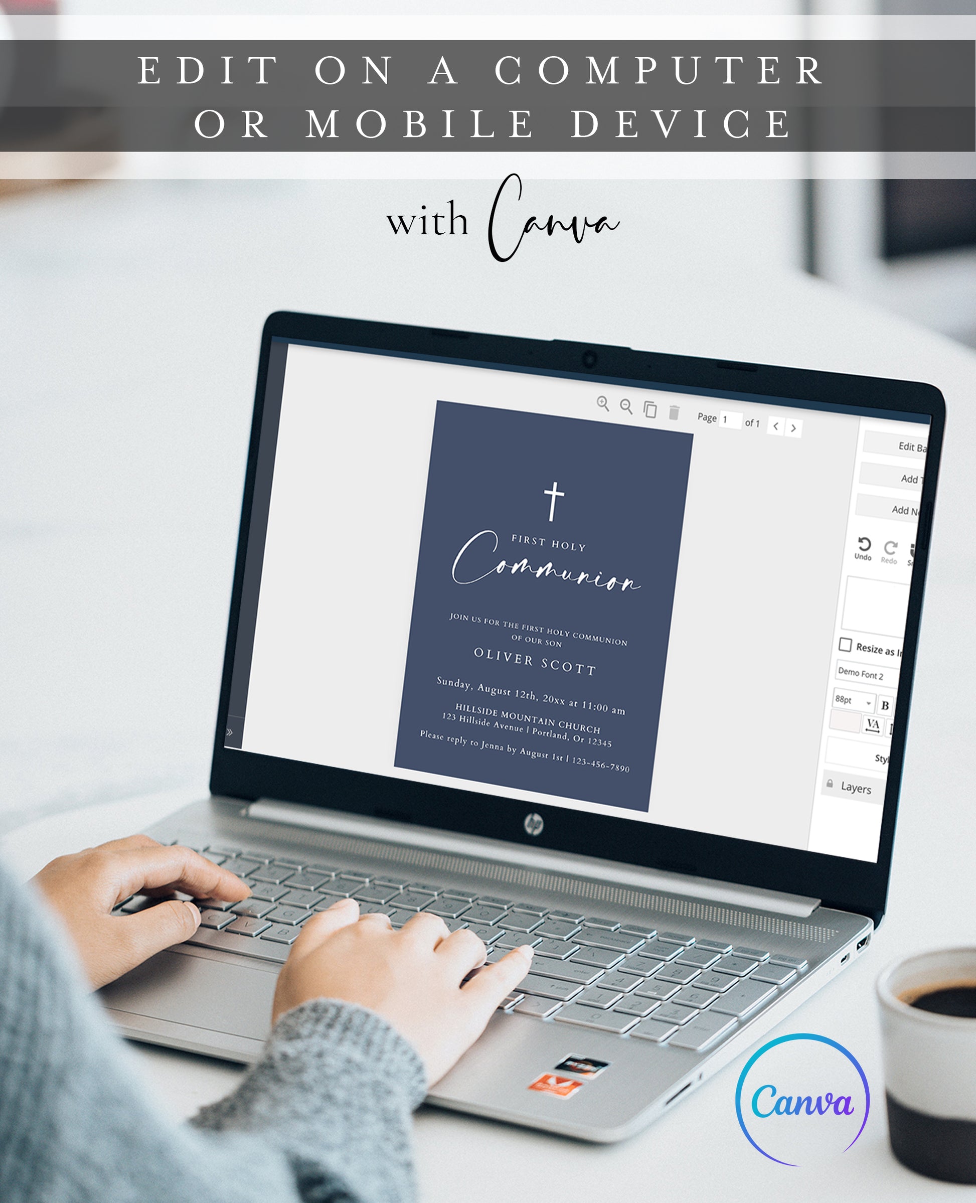 Navy blue boy first holy communion invitation template with white cross and elegant calligraphy script, editable in Canva