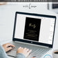 Black and gold 30th birthday invitation template with gold calligraphy script on dramatic black background, editable in Canva