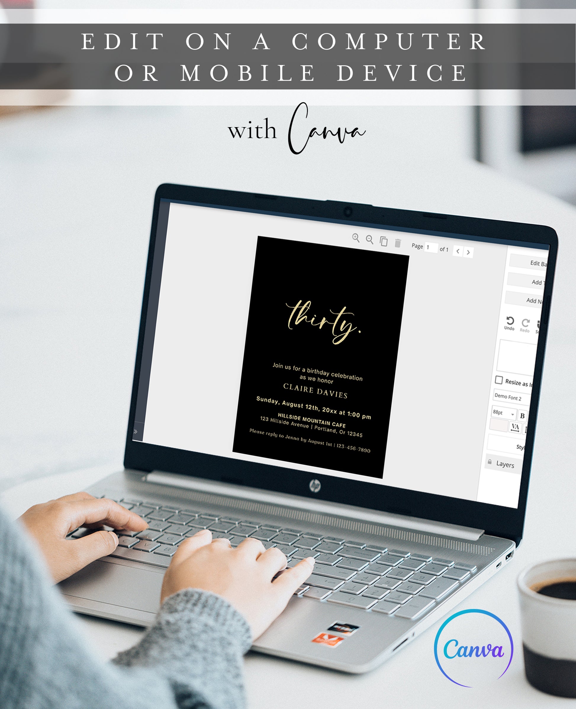 Black and gold 30th birthday invitation template with gold calligraphy script on dramatic black background, editable in Canva