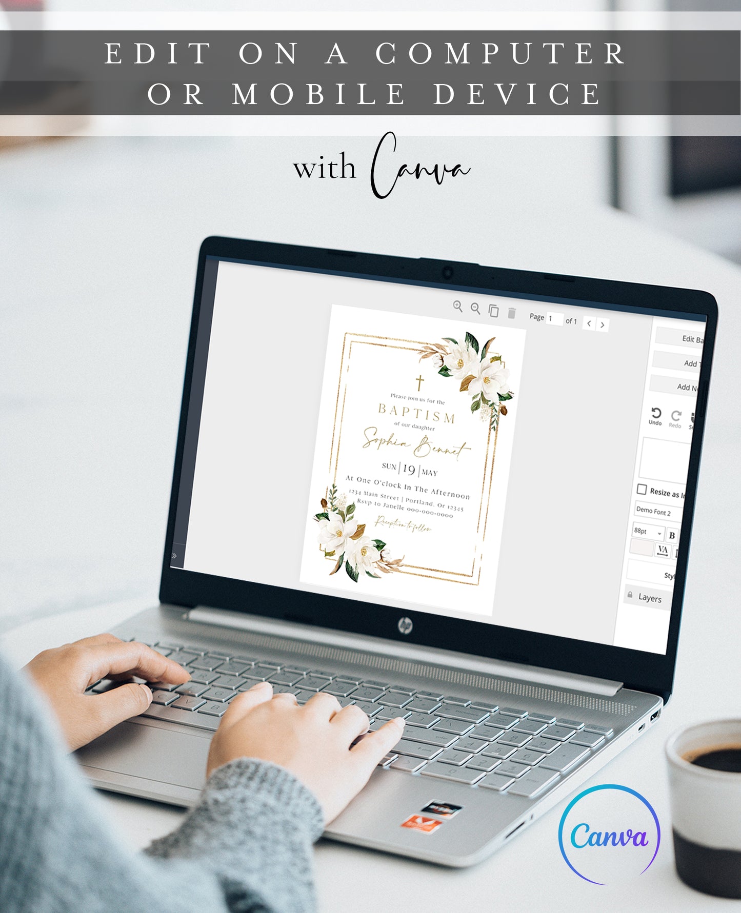 White magnolia and gold frame baptism invitation template with watercolor magnolia blooms and gold glitter border, editable in Canva