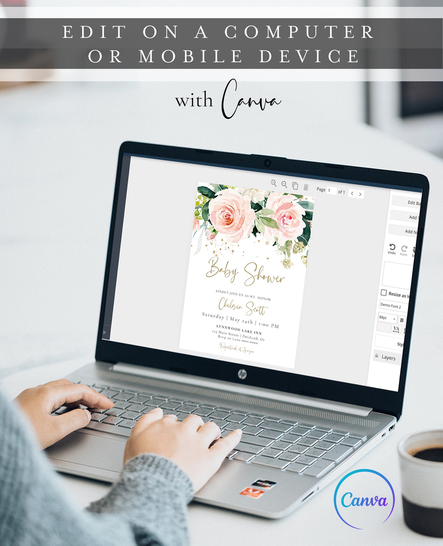 Pink ethereal floral baby shower invitation template with oversized blush roses, dark green botanicals, and gold calligraphy script, editable in Canva