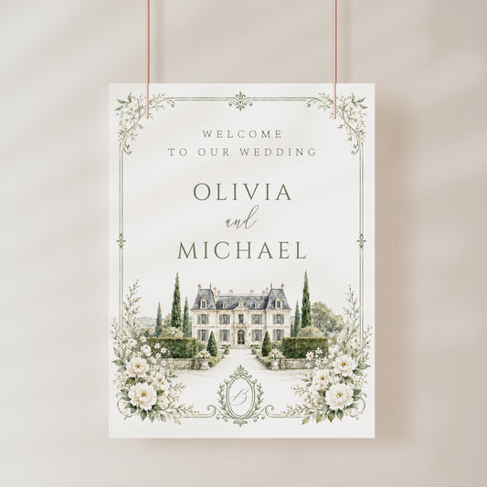 Editable garden estate wedding welcome sign Canva template with watercolour venue illustration, botanical border, and sage green tones