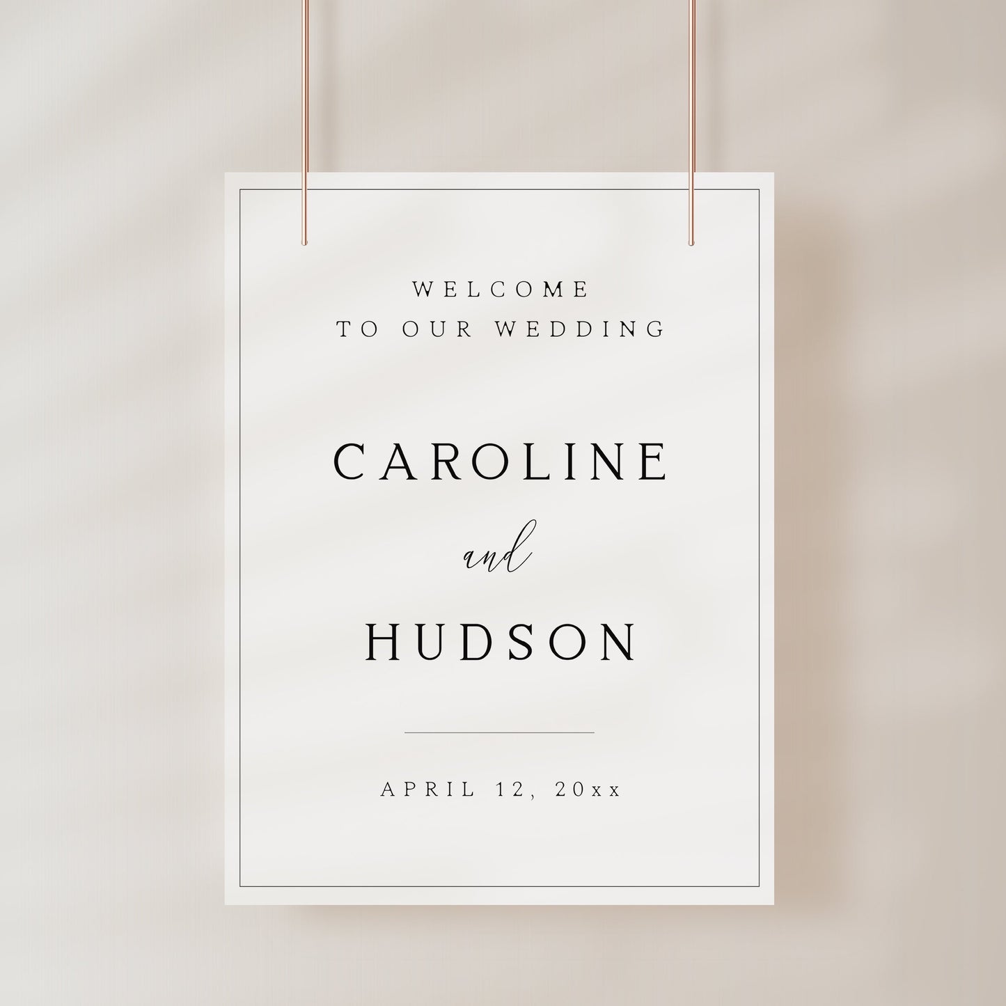 Minimalist vertical wedding welcome sign template with bold serif typography and thin border frame on white background, editable in Canva