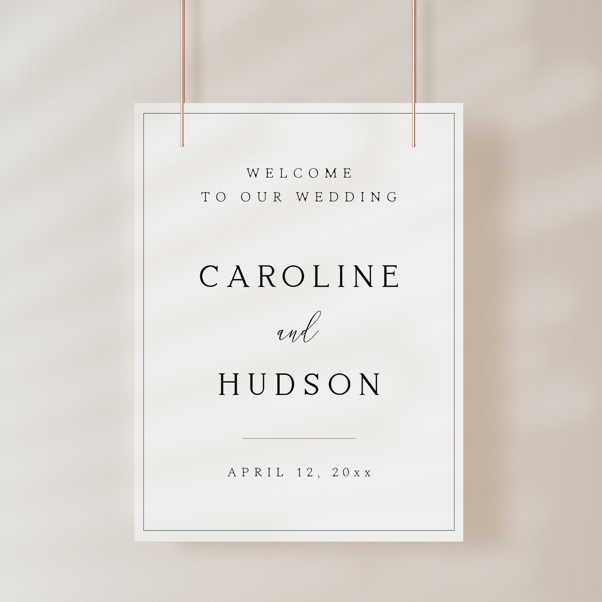 Minimalist vertical wedding welcome sign template with bold serif typography and thin border frame on white background, editable in Canva