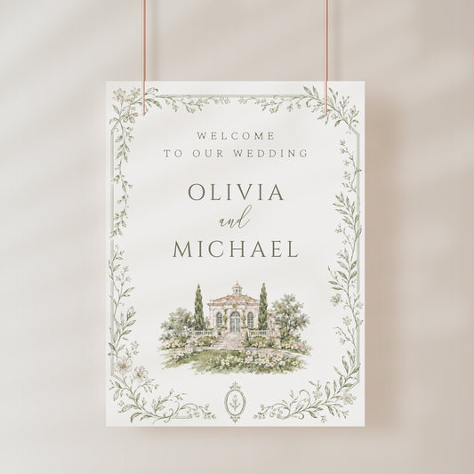 Editable garden estate wedding welcome sign Canva template with watercolour venue illustration, botanical border, and sage green tones