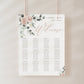 Blush pink floral and greenery wedding seating chart sign template with rose gold calligraphy welcome script and 12 table layout, editable in Canva