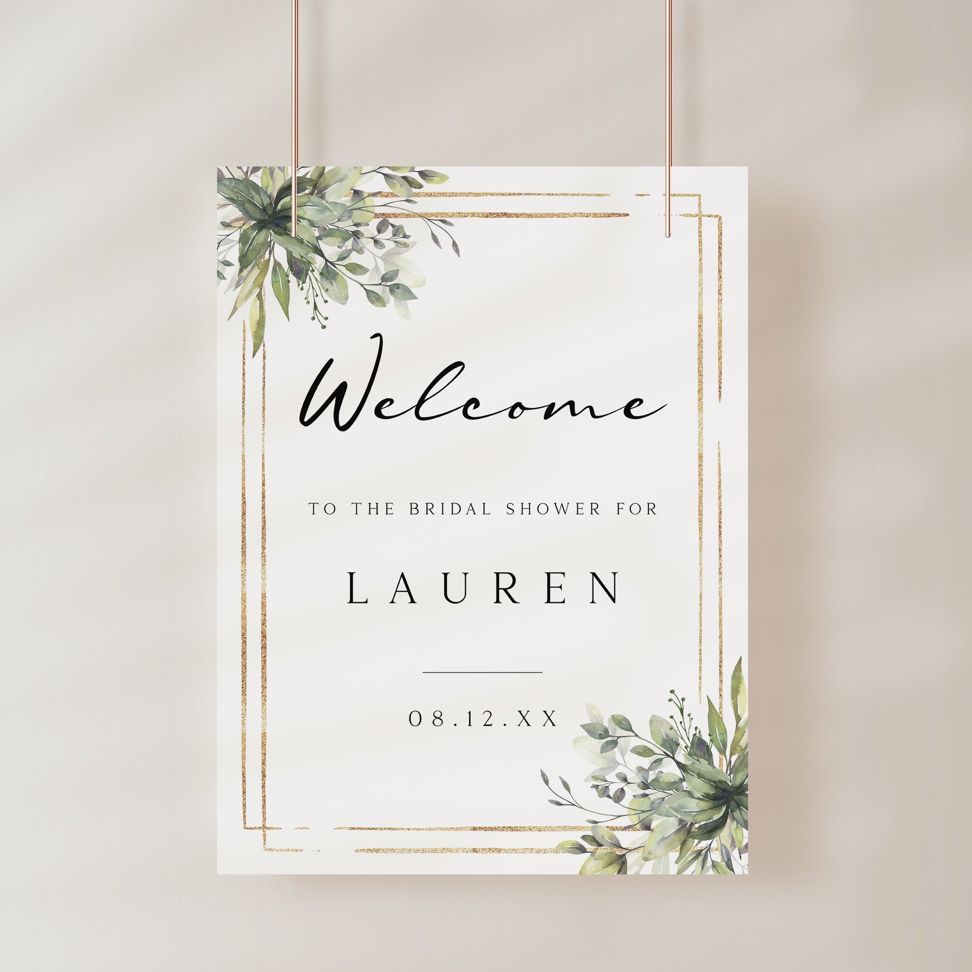 Eucalyptus greenery and gold frame bridal shower welcome sign template with watercolor botanicals in corner clusters, editable in Canva