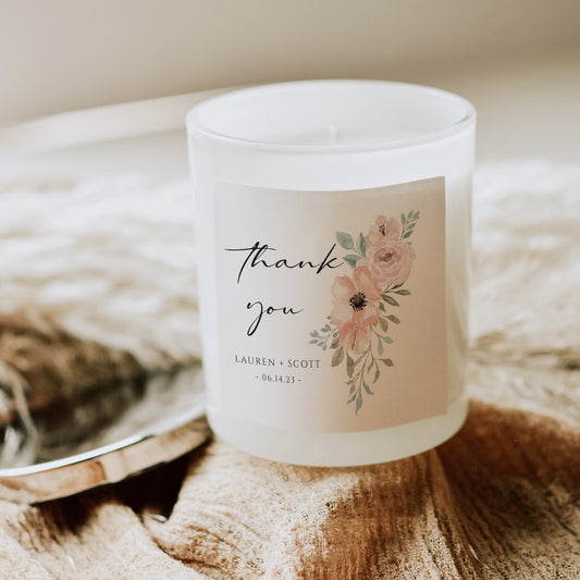 Dusty rose floral thank you gift tag template with watercolor anemones and roses in peach and mauve with sage greenery, editable in Canva