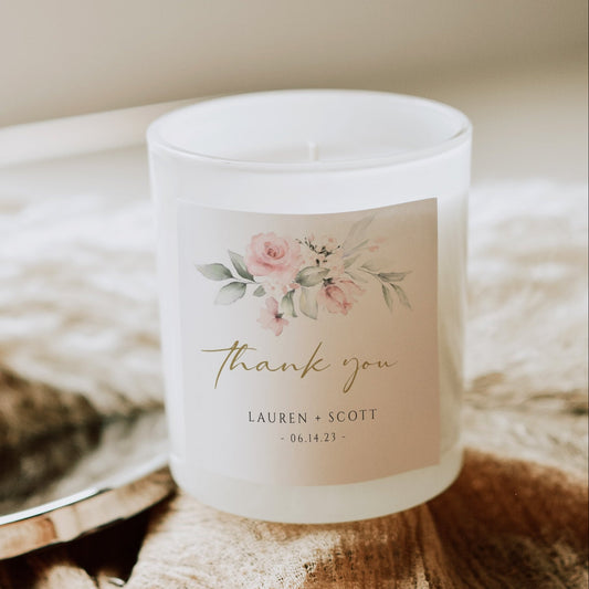 Blush pink floral and gold wedding thank you gift tag template with watercolor roses, sage greenery, and gold calligraphy script, editable in Canva