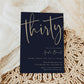 30th birthday invitation template with oversized gold calligraphy script on rich navy blue background, editable in Canva