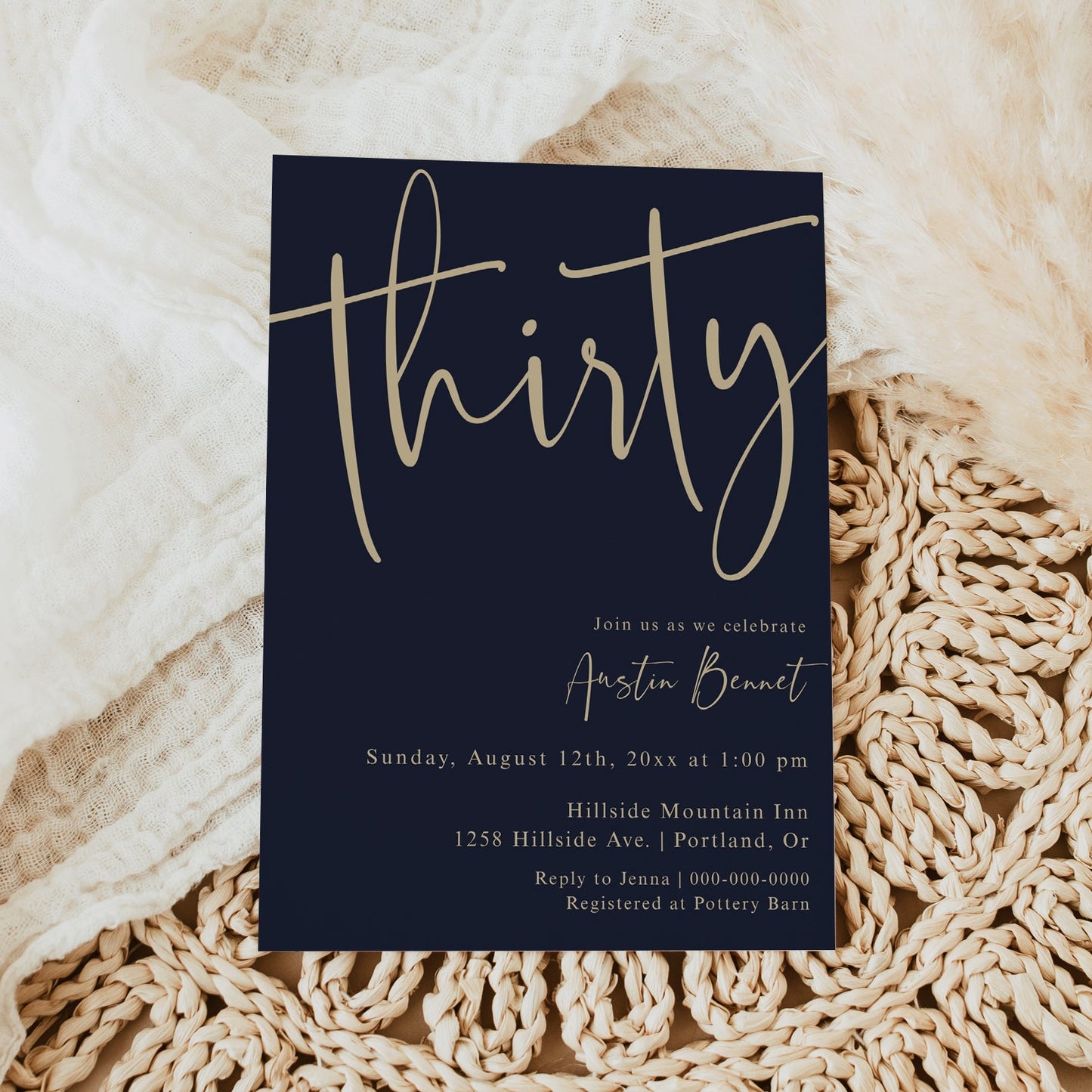 30th birthday invitation template with oversized gold calligraphy script on rich navy blue background, editable in Canva