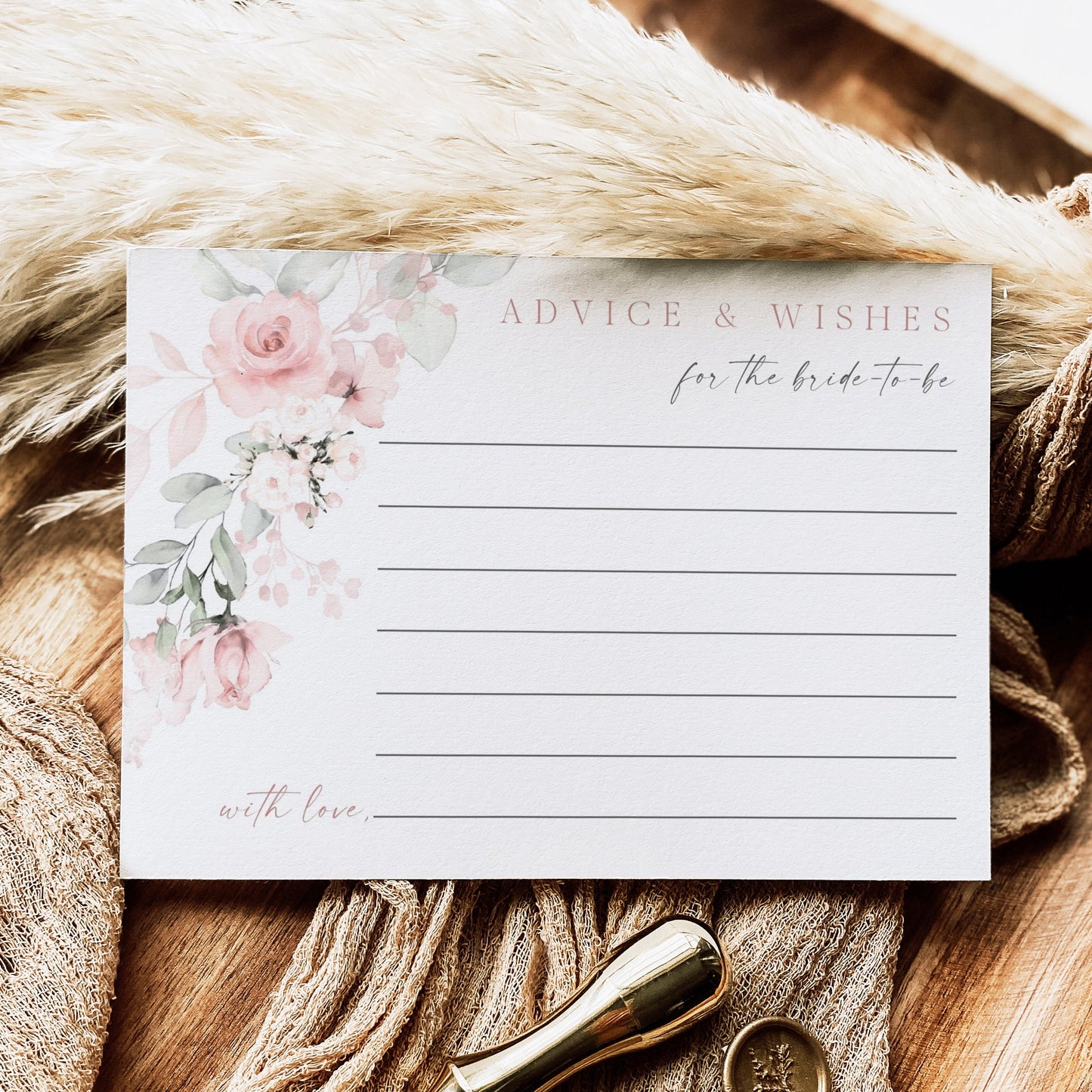 Blush pink floral advice and wishes for the bride card template with watercolor roses and sage greenery, editable in Canva
