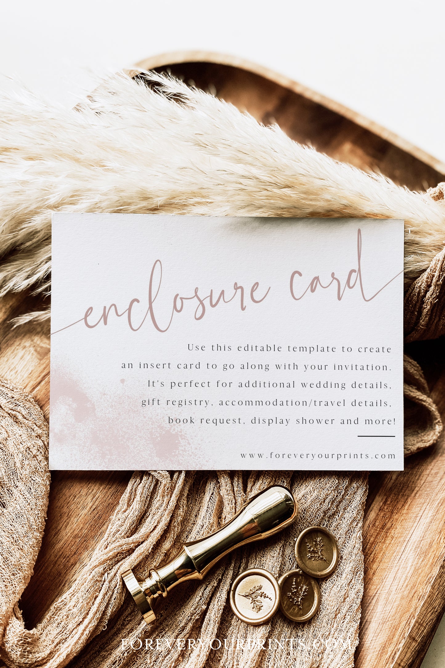 Editable enclosure card template with elegant script lettering in blush pink and white