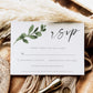 Greenery eucalyptus wedding RSVP reply card template with watercolor eucalyptus branch and calligraphy script, editable in Canva