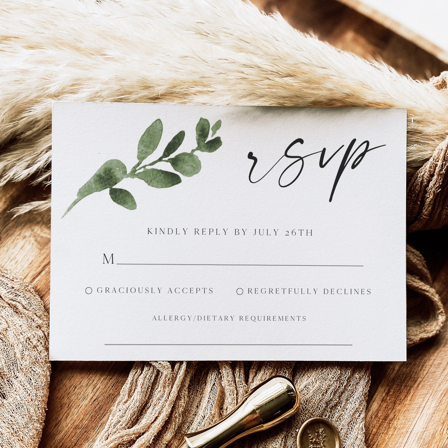 Greenery eucalyptus wedding RSVP reply card template with watercolor eucalyptus branch and calligraphy script, editable in Canva