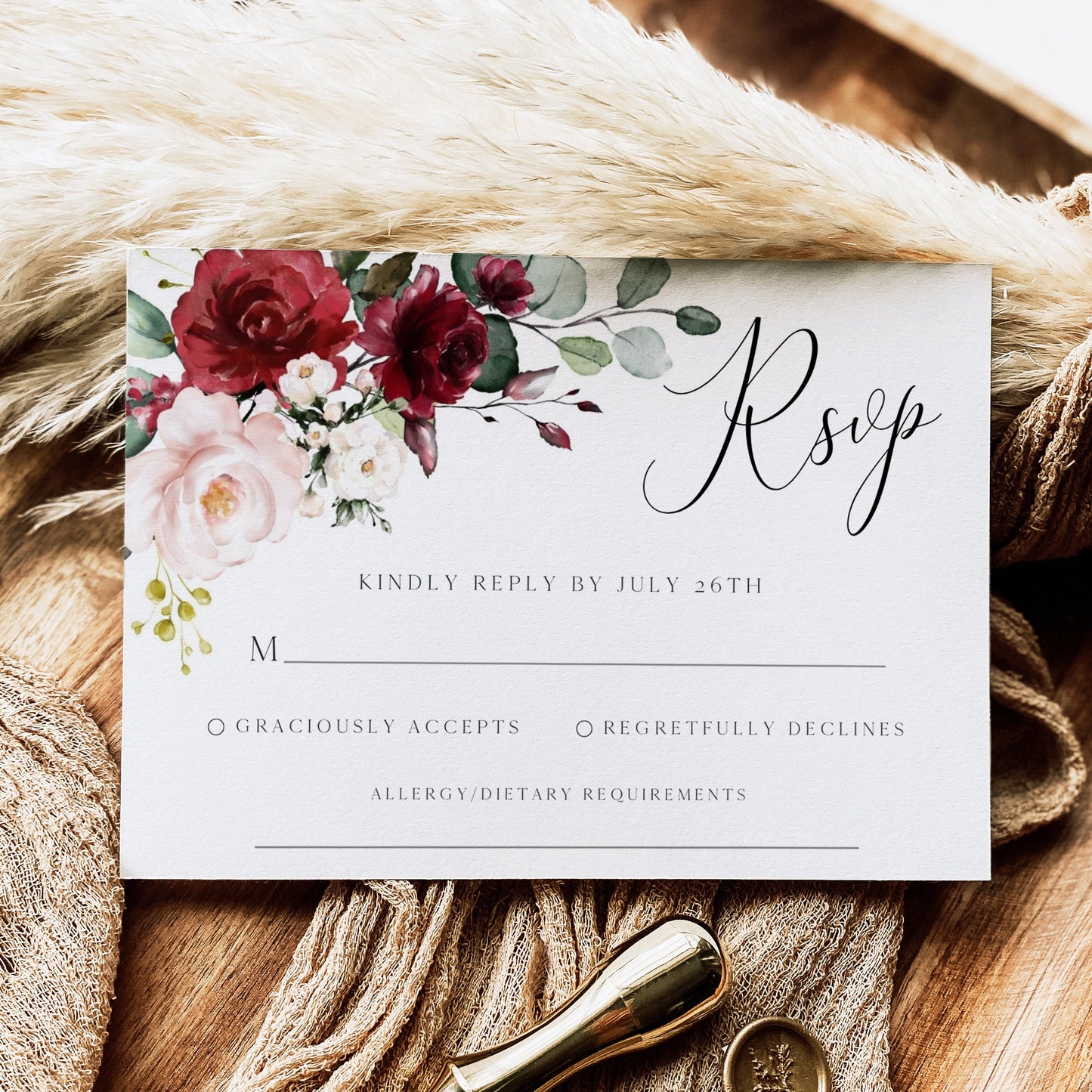 Burgundy floral wedding RSVP reply card template with watercolor roses in burgundy, blush, and cream with sage greenery, editable in Canva