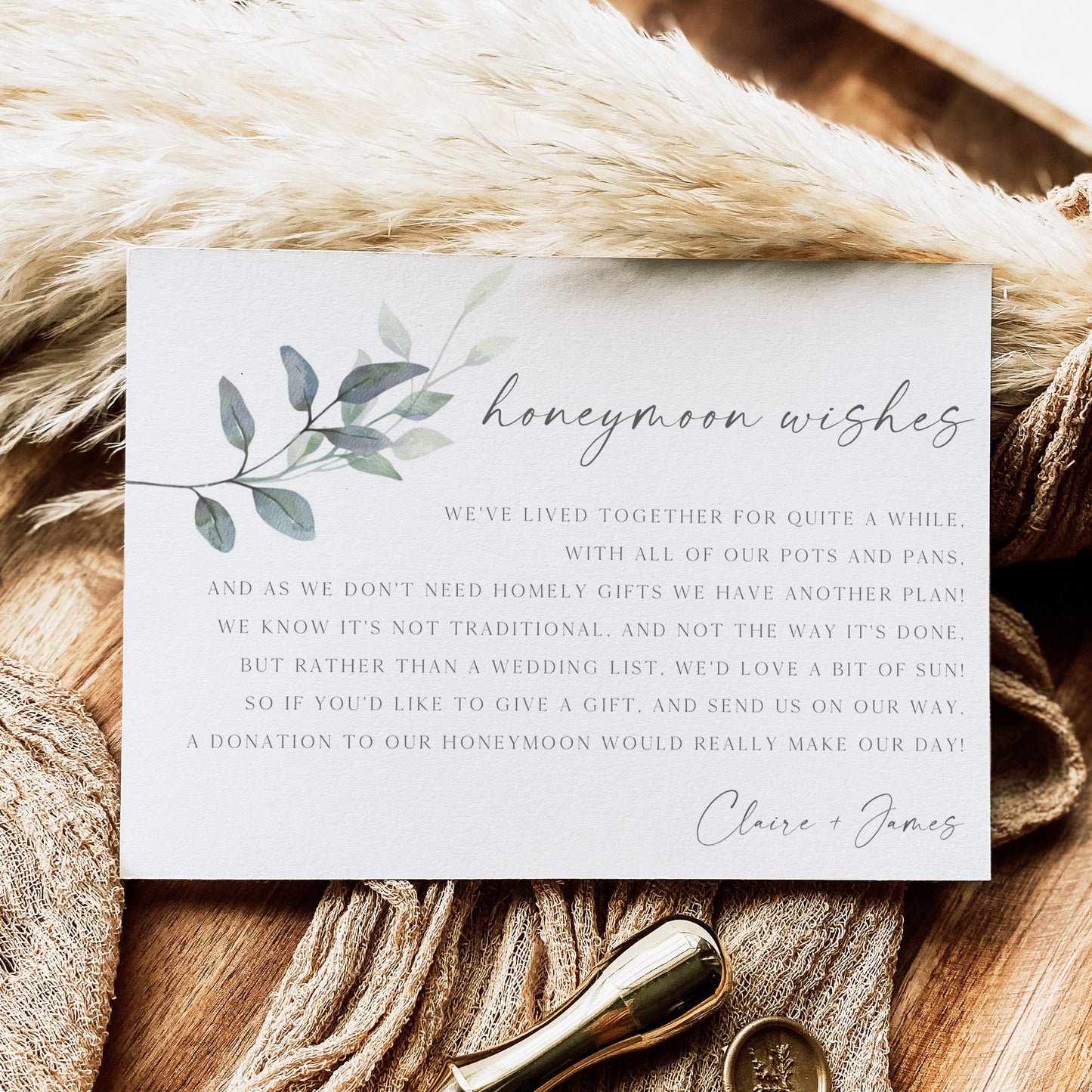 Greenery botanical honeymoon wishes card template with watercolor eucalyptus branch and calligraphy script, editable in Canva