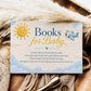 Editable here comes the son books for baby card Canva template with smiling sun, blue toy airplane, fluffy clouds, and navy and golden script typography on a warm cream background, landscape orientation