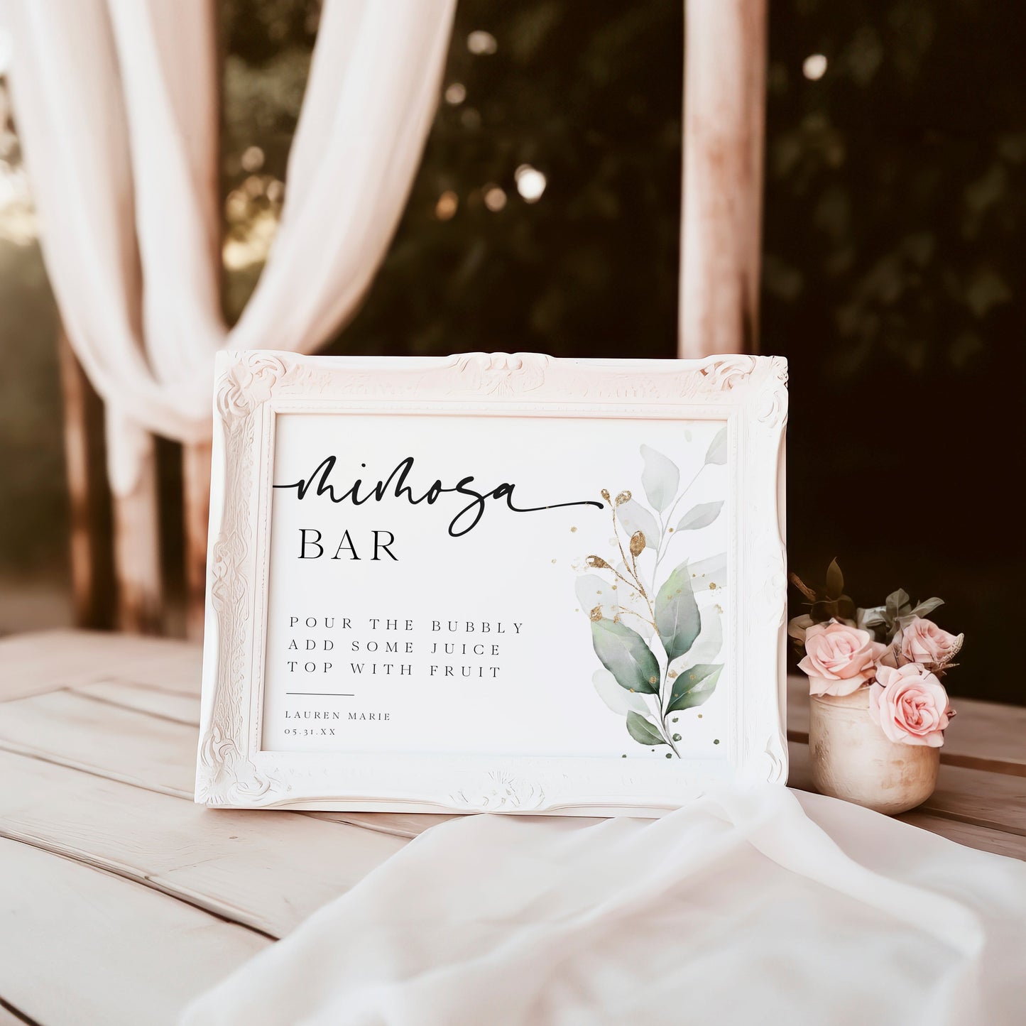 Eucalyptus and gold mimosa bar sign template with watercolor botanical branch and calligraphy script, editable in Canva