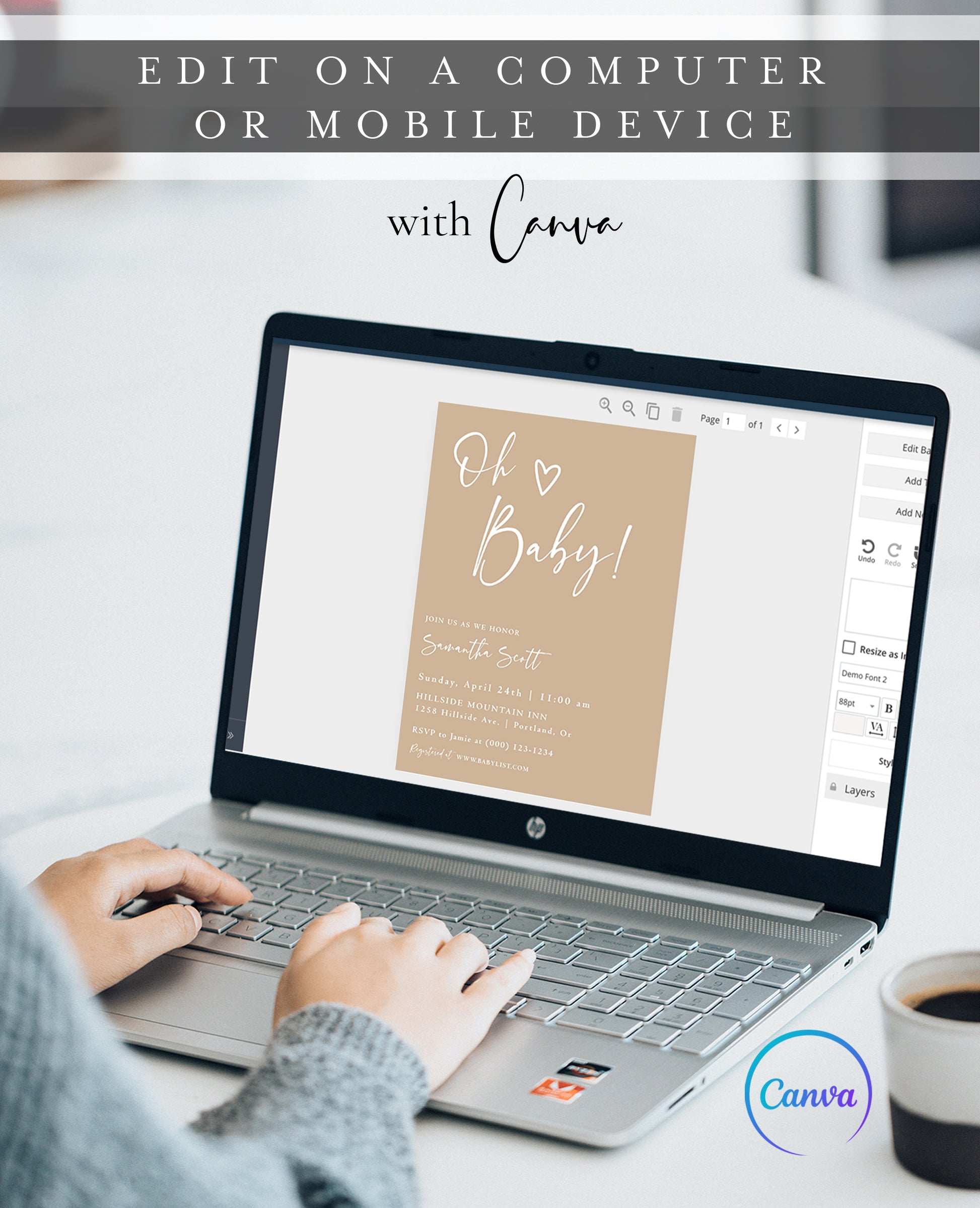 Editable neutral oh baby baby shower invitation Canva template with oversized script typography and hand-drawn heart on a warm sand beige background