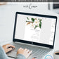 Editable white magnolia engagement party invitation Canva template with oversized watercolour magnolia blooms, deep green leaves, and bold spaced serif typography on a white background