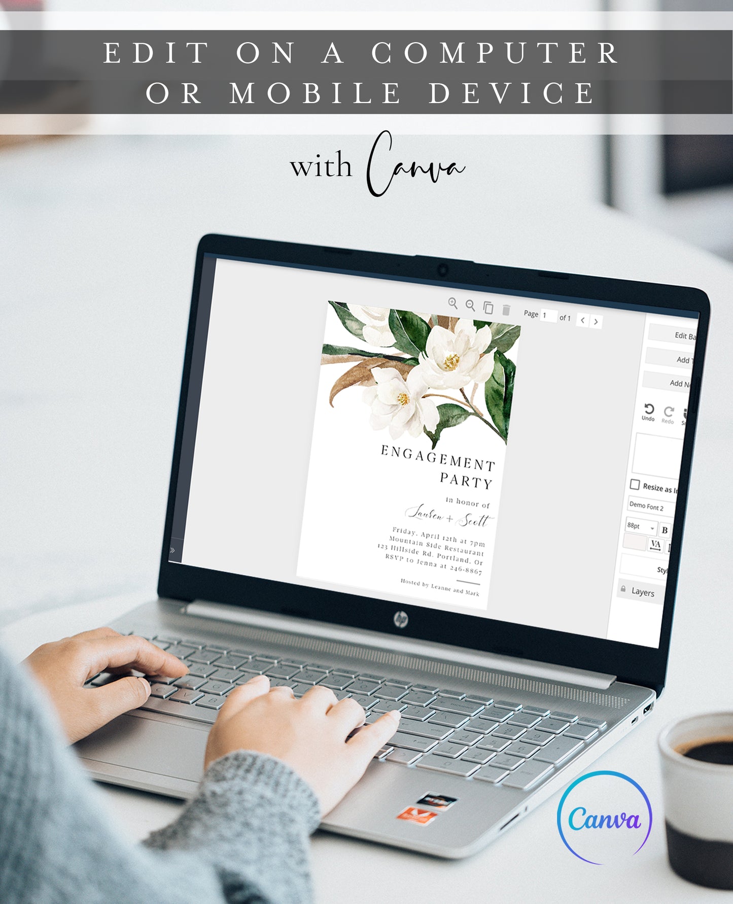 Editable white magnolia engagement party invitation Canva template with oversized watercolour magnolia blooms, deep green leaves, and bold spaced serif typography on a white background