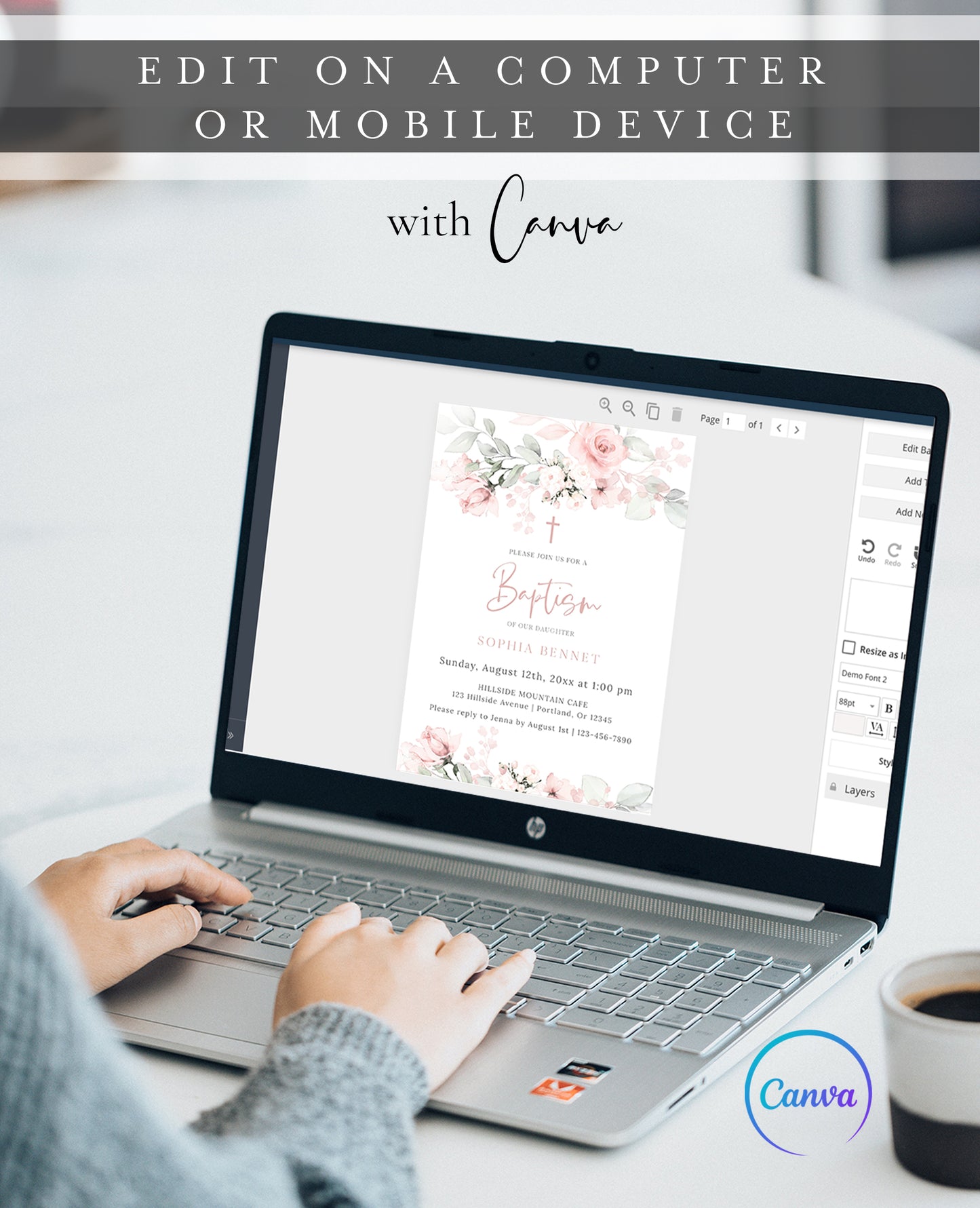 
Blush pink floral girl baptism invitation template with watercolor roses, sage greenery, and rose gold cross, editable in Canva