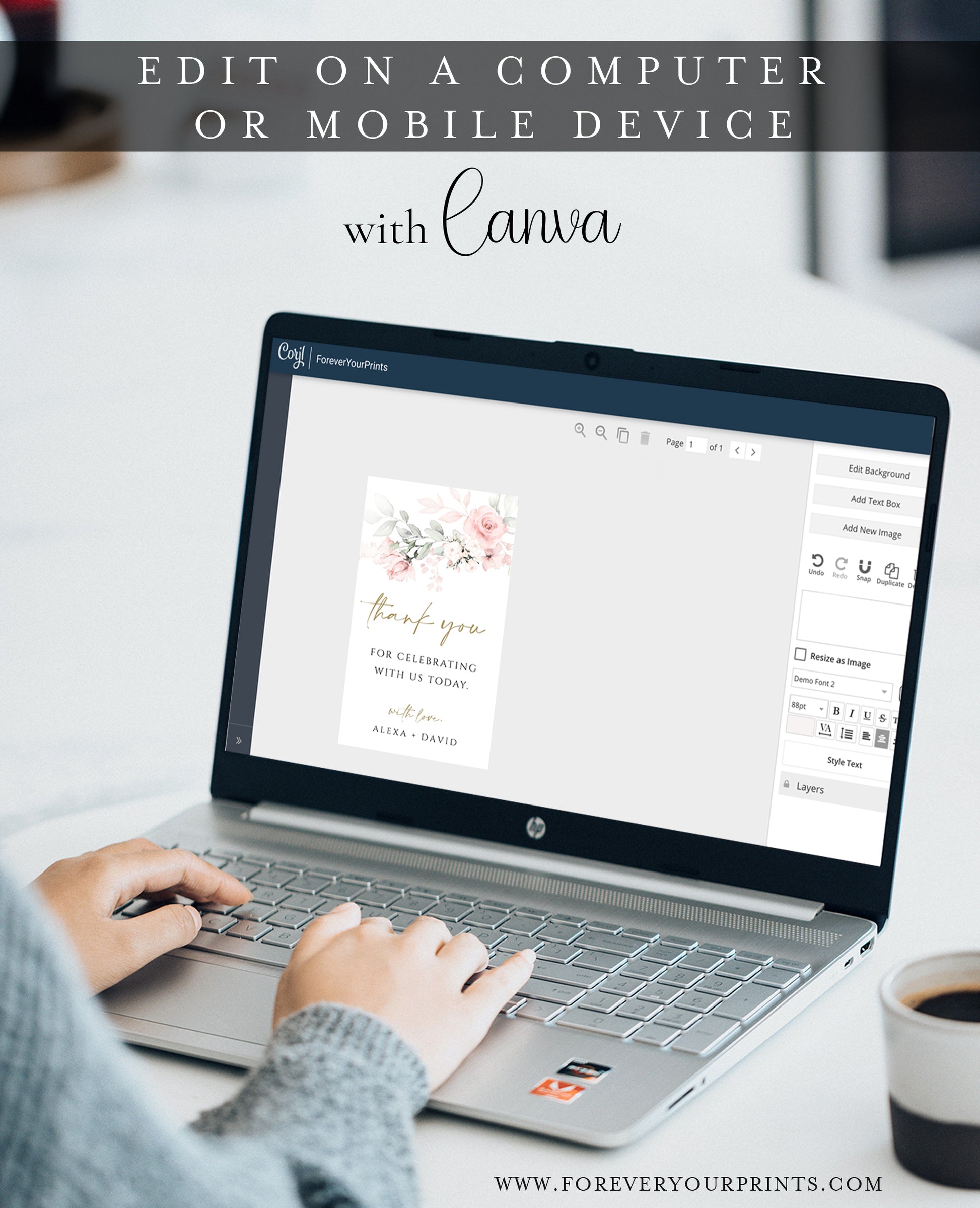 Blush pink floral wedding thank you gift tag template with watercolor roses, sage greenery, and gold script typography, editable in Canva