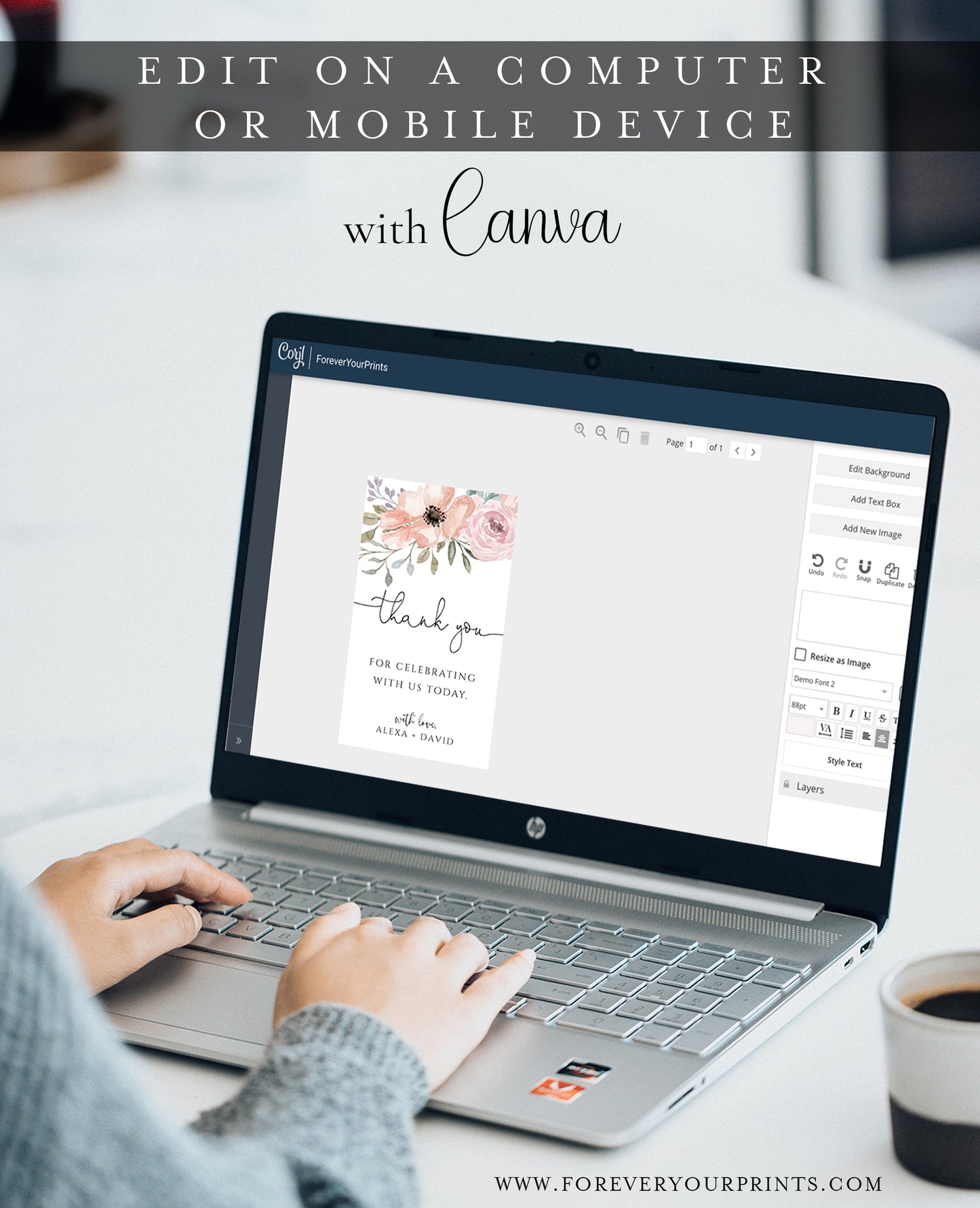 Dusty rose floral wedding thank you gift tag template with watercolor anemones and roses in peach and mauve with sage greenery, editable in Canva