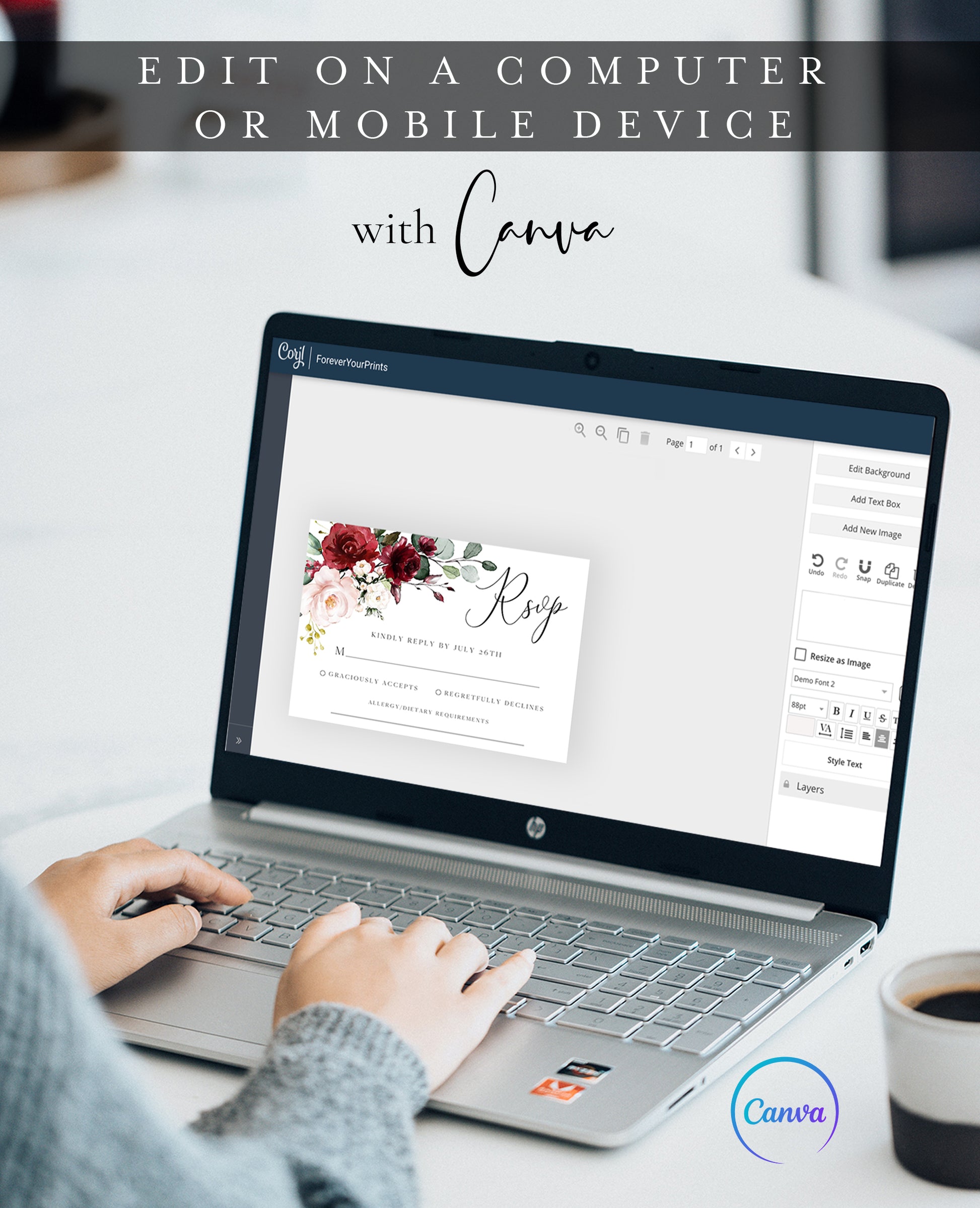 Burgundy floral wedding RSVP reply card template with watercolor roses in burgundy, blush, and cream with sage greenery, editable in Canva