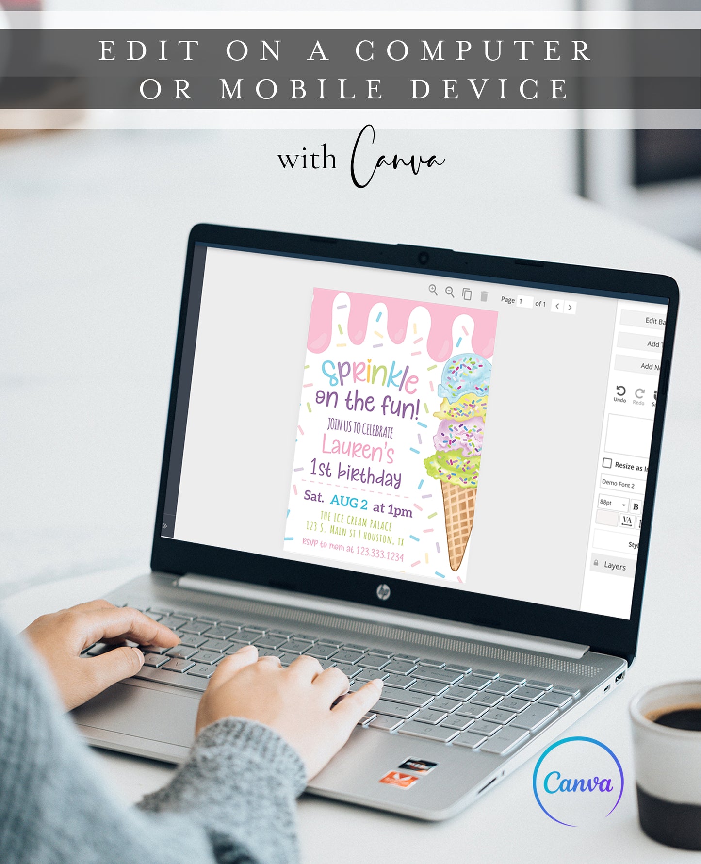 Pastel ice cream sprinkle first birthday party invitation template with watercolor ice cream cone and colorful sprinkles, editable in Canva