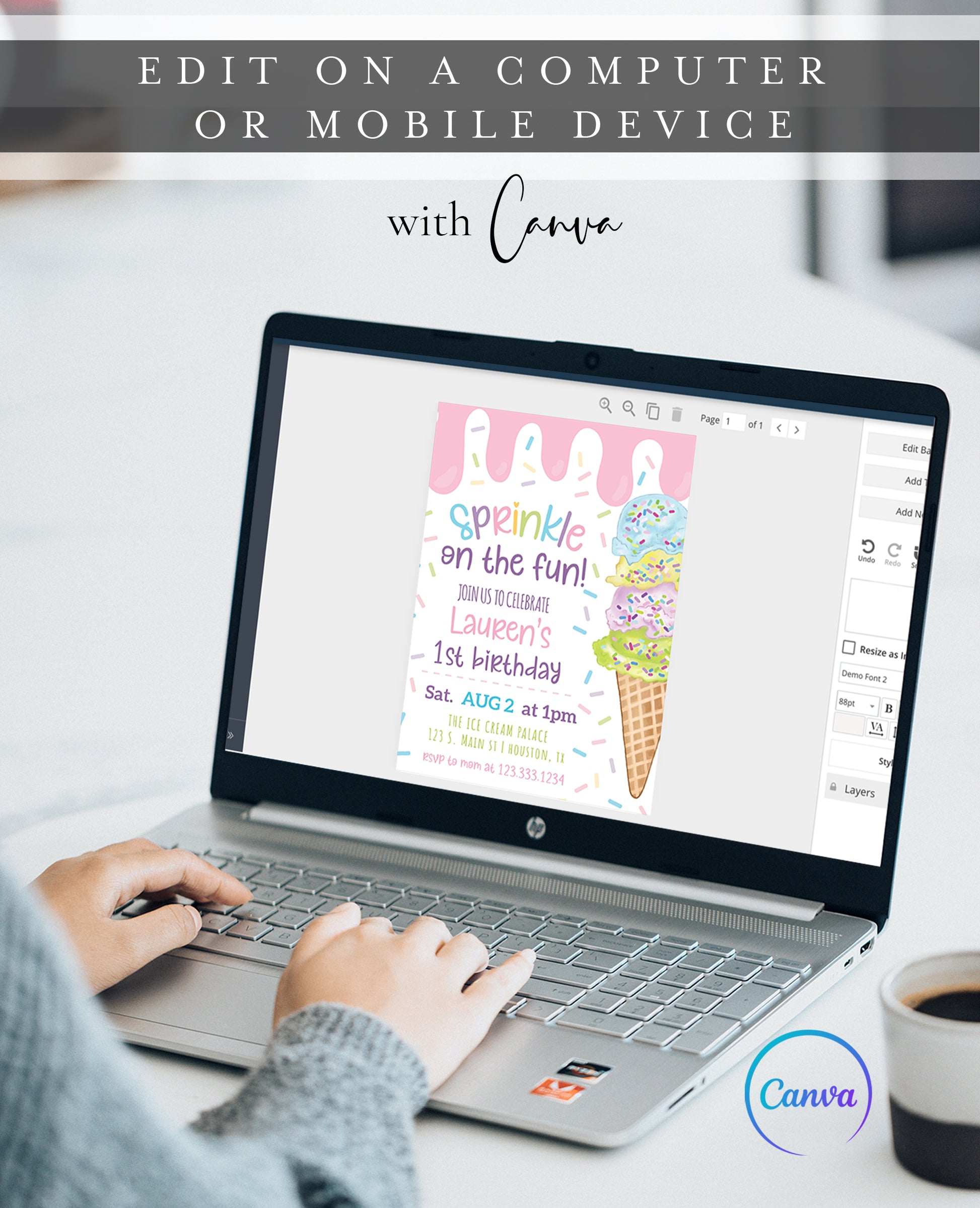 Pastel ice cream sprinkle first birthday party invitation template with watercolor ice cream cone and colorful sprinkles, editable in Canva